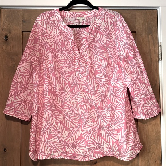 Talbots Fern Print Tunic Blouse Womens L Pink/White Cotton Tropical Vacation - Picture 1 of 6